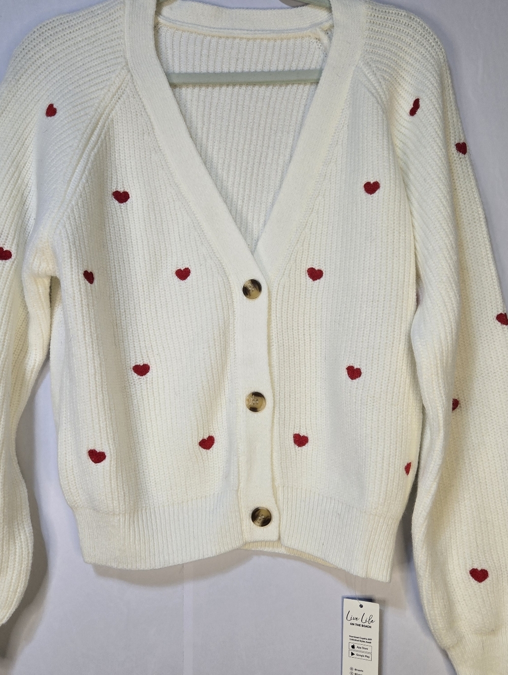 CUPSHE Women's Size M White Knit Cardigan with Red Heart Accents NWT